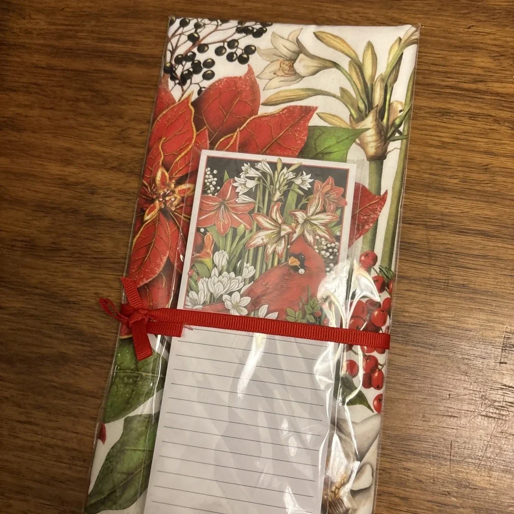 Mary Lake Thompson Holiday Flour Sack Towel & Note Pad Cardinal & Poinsettia NIP